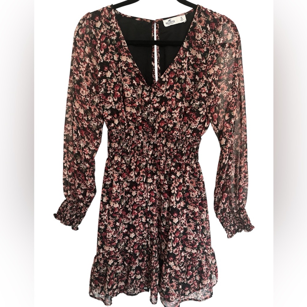 Hollister Black and Pink Floral Long Sleeve Dress